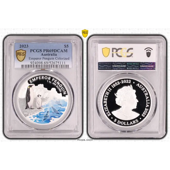 PR69DCAM 2023 $5 EMPEROR PENGUIN COLORIZED, DCAM
