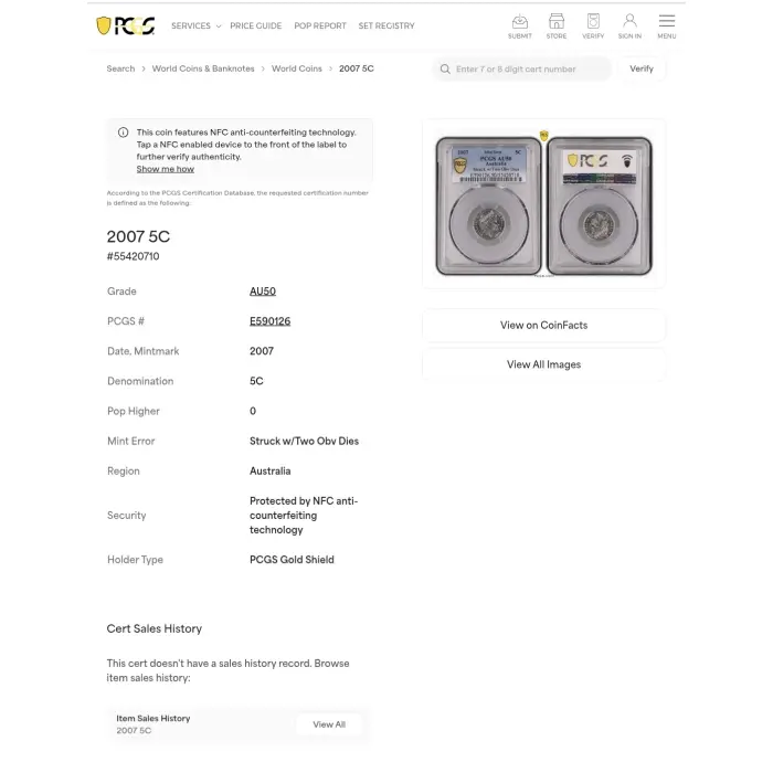  2007 DOUBLE HEADER  5C  PCGS AU50