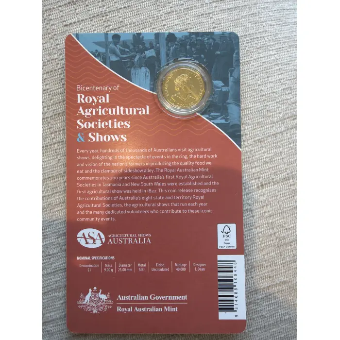 2022 $1 BICENTENARY OF ROYAL AGRICULTURAL SOCIETIES AND SHOWS CARDED COIN