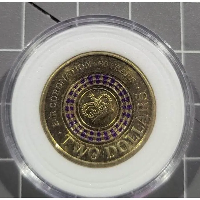 (NB) 2013 AUSTRALIAN TWO DOLLAR $2 COLOURED COIN PURPLE QUEEN'S CORONATION lightly CIRC in capsule