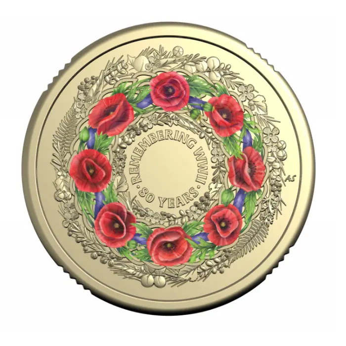 Australia 2025 80 Years Remembering WWII Poppy Wreath $2 Coloured - (Circulated)