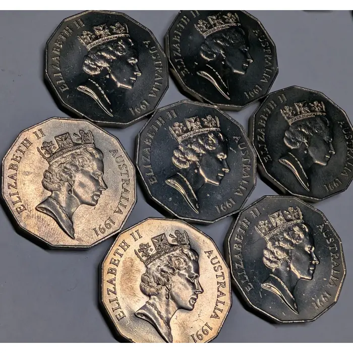 1991 50c Coin - Seven UNC 25th Decimal Changeover Coins - Slightly imperfect