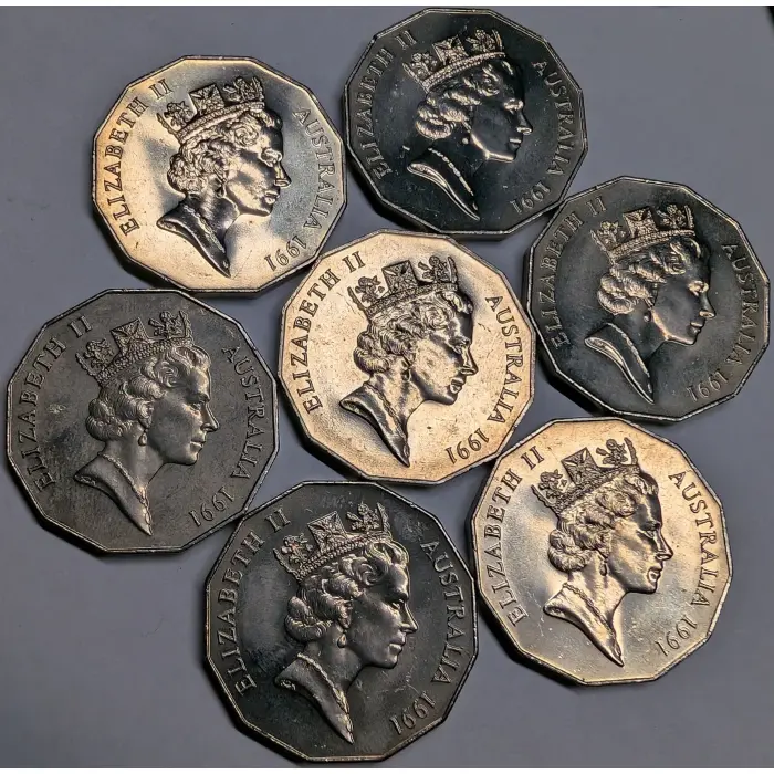 1991 50c Coin - Seven UNC 25th Decimal Changeover Coins - Slightly imperfect