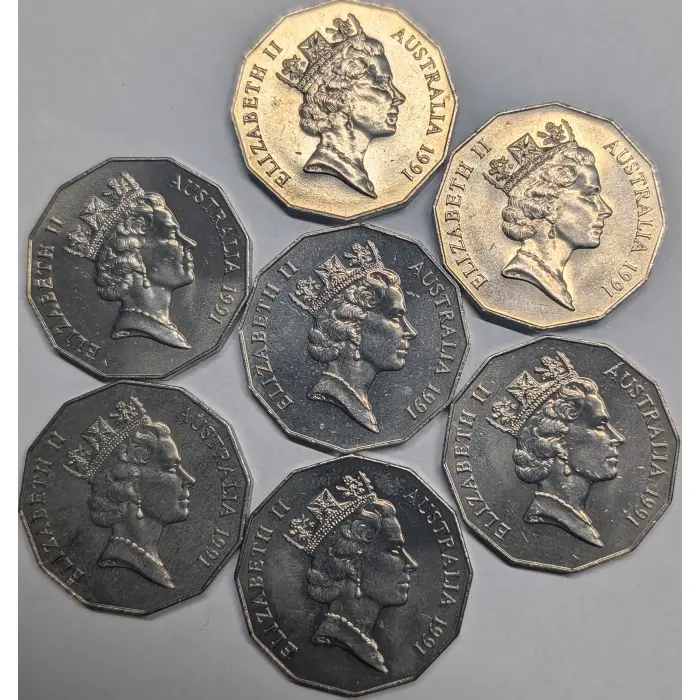 1991 50c Coin - Seven UNC 25th Decimal Changeover Coins - Slightly imperfect