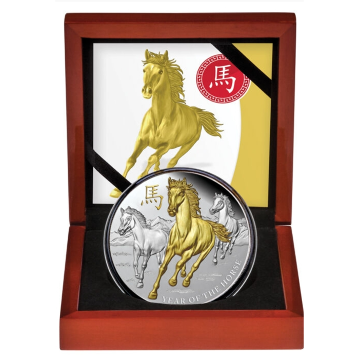 🐎 2014 Niue $8 Year of the Horse – 5oz Silver Proof (Gold Plated) 🐎