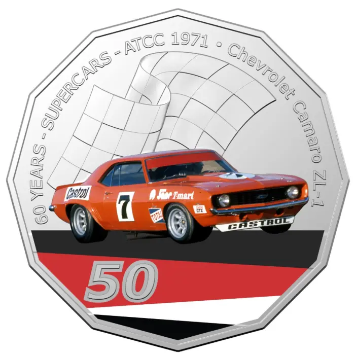 2020  50c  SUPERCARS 60 YEARS OF RACING 1971 CHEVROLET CAMARO CARDED COIN