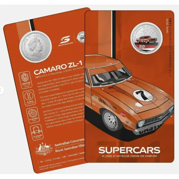 2020  50c  SUPERCARS 60 YEARS OF RACING 1971 CHEVROLET CAMARO CARDED COIN