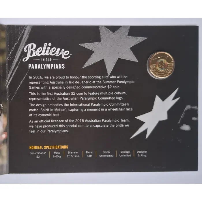 2016 $2 Australian Paralympic Coin In Folder