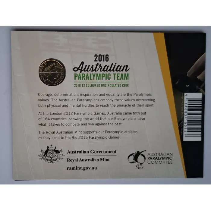2016 $2 Australian Paralympic Coin In Folder