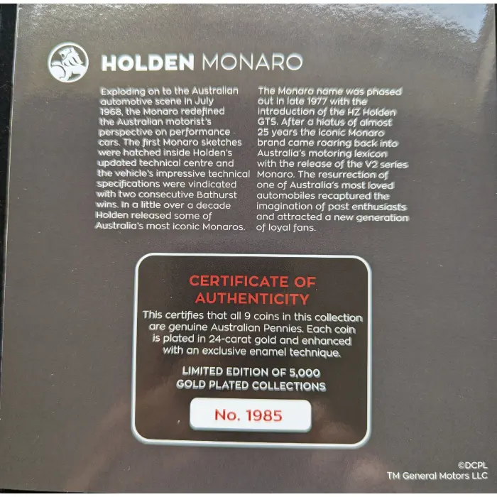 Limited Edition Iconic Holden Monaro Vehicles Limit 5000 24 Carat Gold Plated 