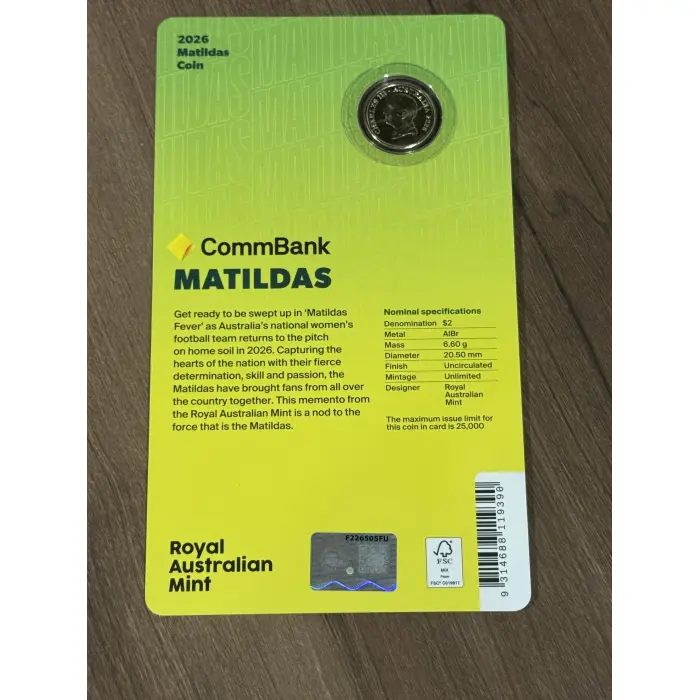 2026 $2 Coloured Uncirculated Coin in Card - Matildas