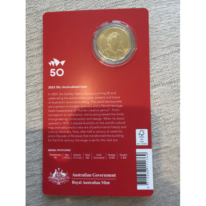 2023 Australia Sydney Opera House 50 years UNC Gold colour 50c cent Coin in Card