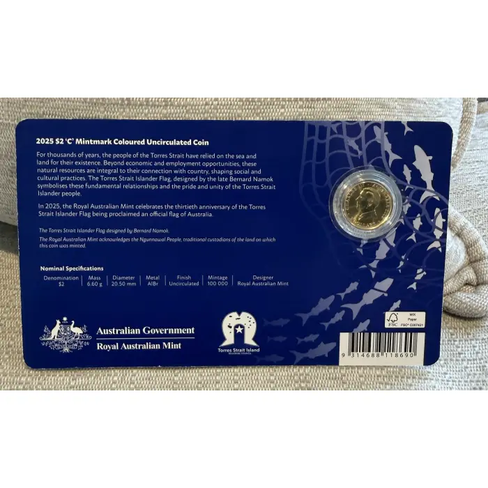 2025 $2 Torres Strait Islander Flag 'C' Mintmark Coloured Coin In Card