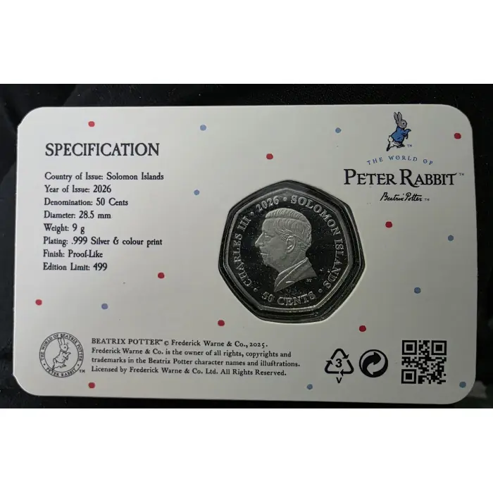 2026 Peter Rabbit Christmas Limited Edition Coin Solomon Islands 50c Mintage 499