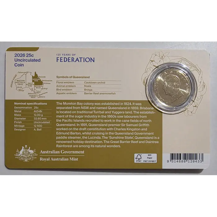 125 Years Of Federation Queensland Coin in Card