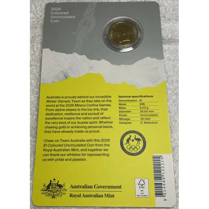 2026 Winter Olympics Uncirculated $1 coloured coins in card bundle