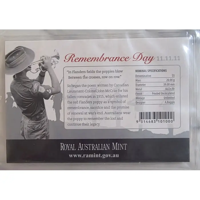 2011 $5 Remembrance Day Coin (11.11.11) – Royal Australian Mint – Sealed in Card