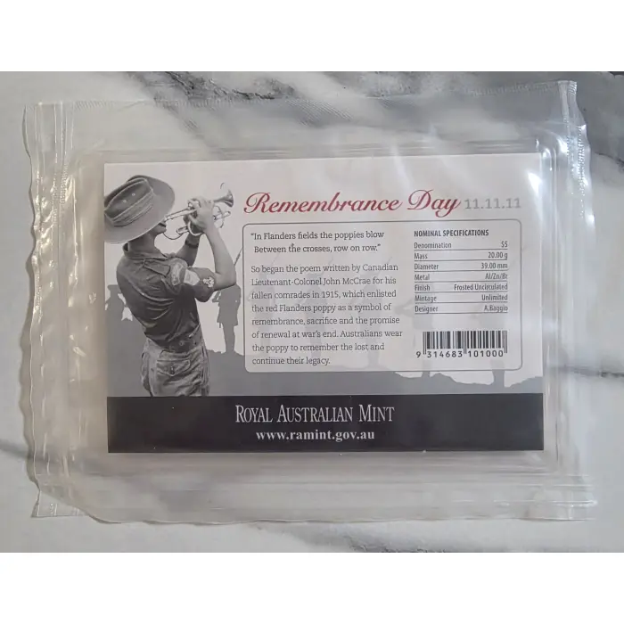 2011 $5 Remembrance Day Coin (11.11.11) – Royal Australian Mint – Sealed in Card