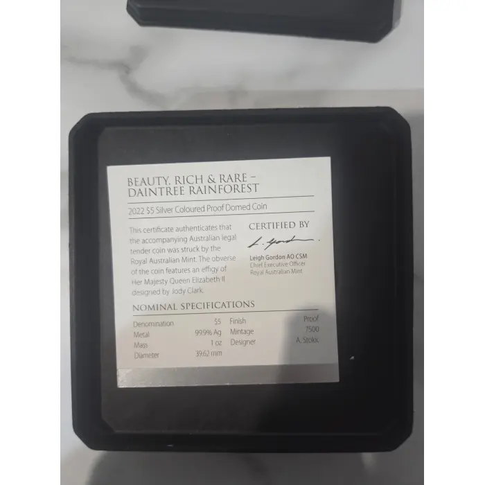 2022 $5 Beauty, Rich & Rare Daintree Rainforest 1oz Silver Proof Domed Coin