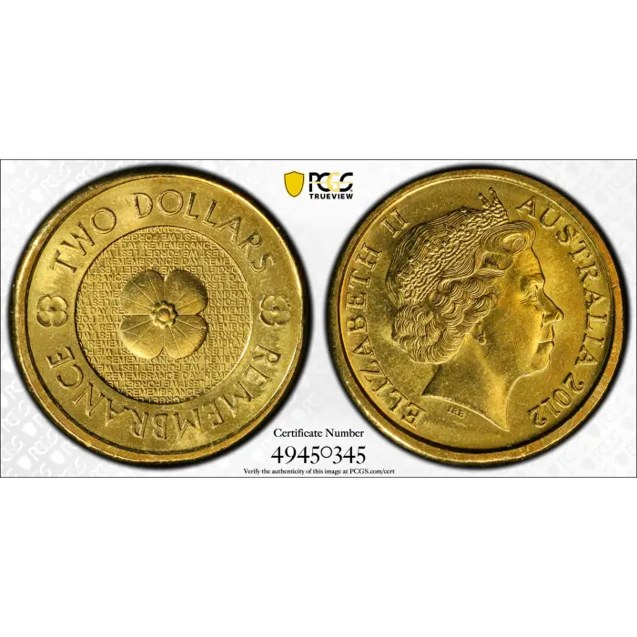 2012 $2 Gold Poppy Remembrance PCGS MS65 - True View