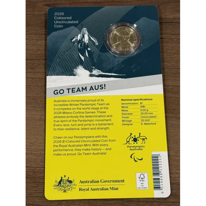 2026 Winter Paralympics $1 Coloured Coin on Card