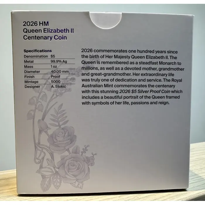 2026 HM Queen Elizabeth II Centenary $5 Fine Silver Proof 1oz Coin New & Boxed