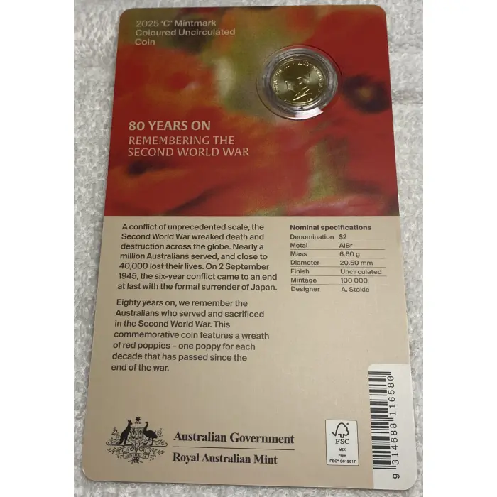 2025 $2 C Mint Mark 80 Years Remembrance coloured coin in card