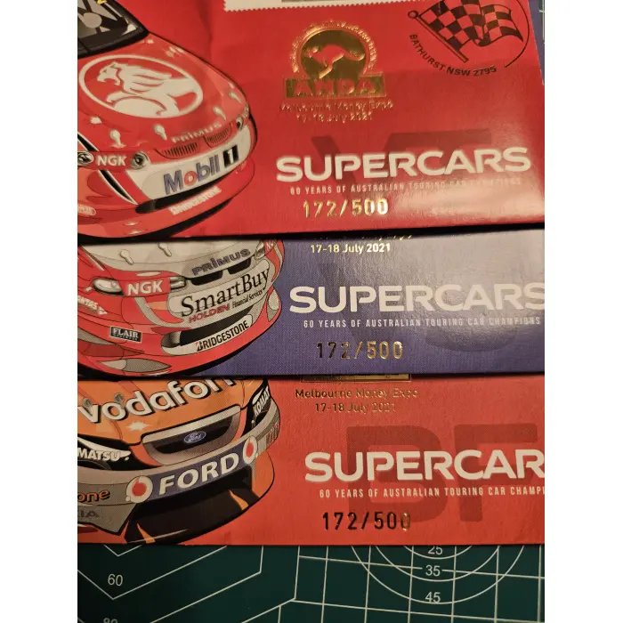 Melbourne money expo ANDA overprint set of 3. Matching No's supercars 50cent 