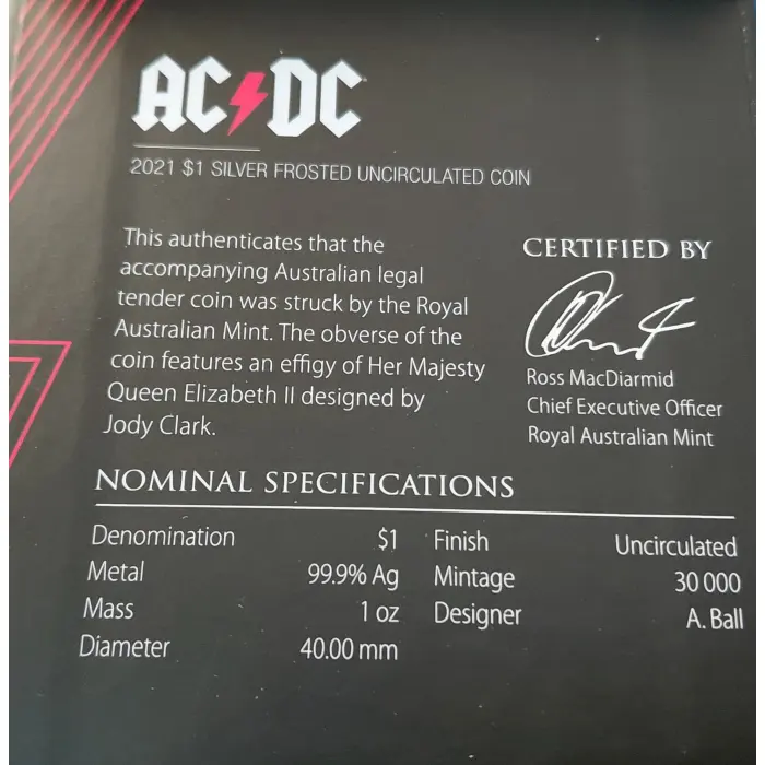 AC/DC 2021 $1 Silver Frosted Uncirculated Coin - Royal Australian  Mint