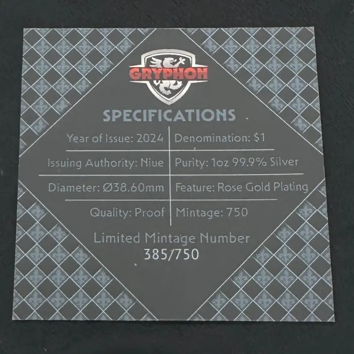 2024 Niue Heraldic Beasts Gryphon 1oz Rose Gold-Plated Silver Proof Coin