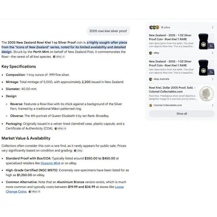 2005 $1 Rowi Kiwi 1oz Silver Proof Coin