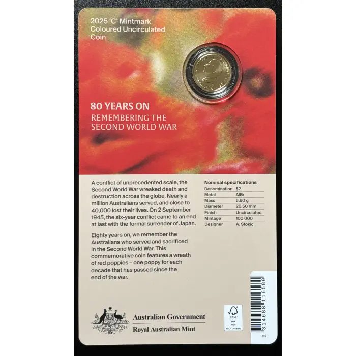 2025 $2 C-MINT REMEMBRANCE 80th ANNIVERSARY WWII "POPPY WREATH" COIN ON CARD