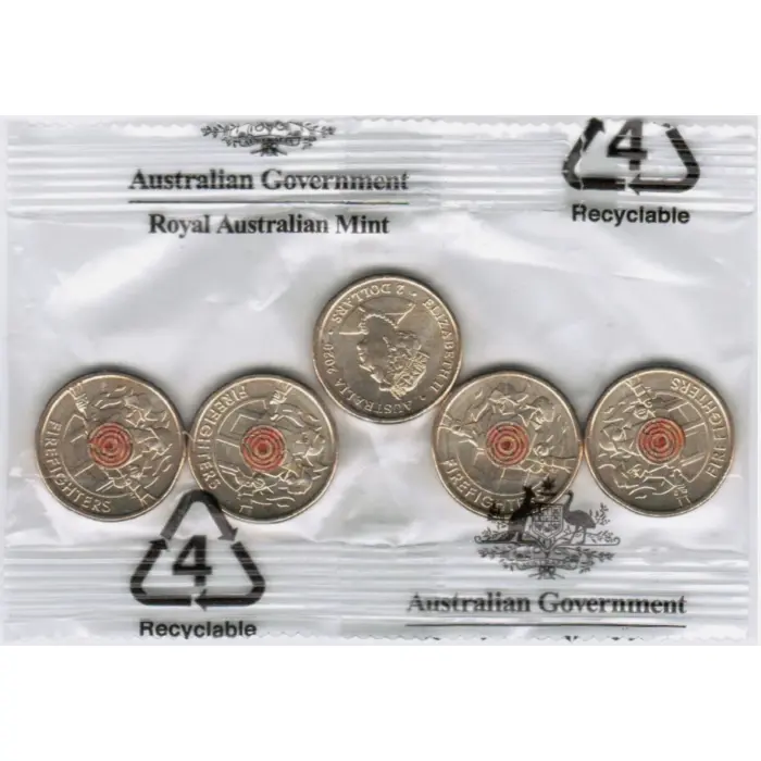 2020  $2  FIREFIGHTERS SEALED RAM BAG UNCIRCULATED 5 COINS
