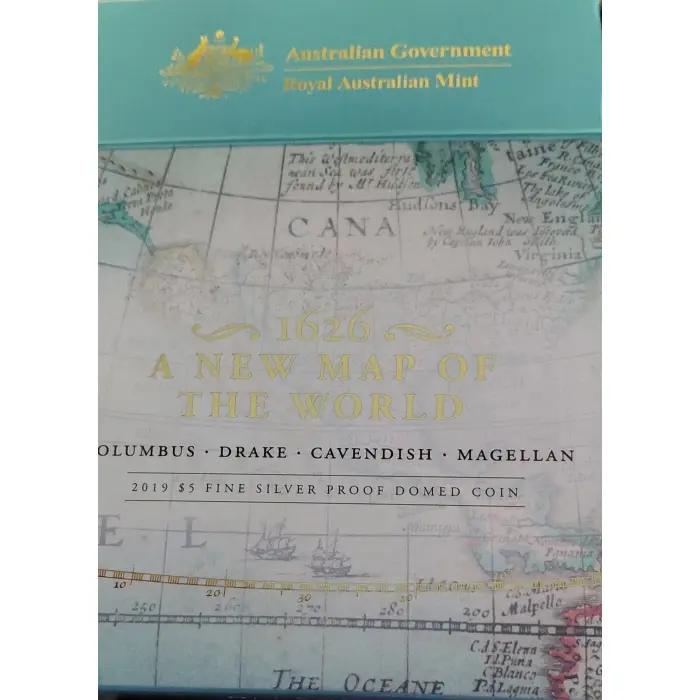 1626 A New Map of The World - 2019 $5 Fine Silver Proof Domed Coin - RAM