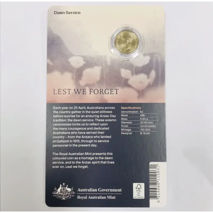 2026 $2 DAWN SERVICE C Mint Colored Uncirculated Coin On Card Lest We Forget