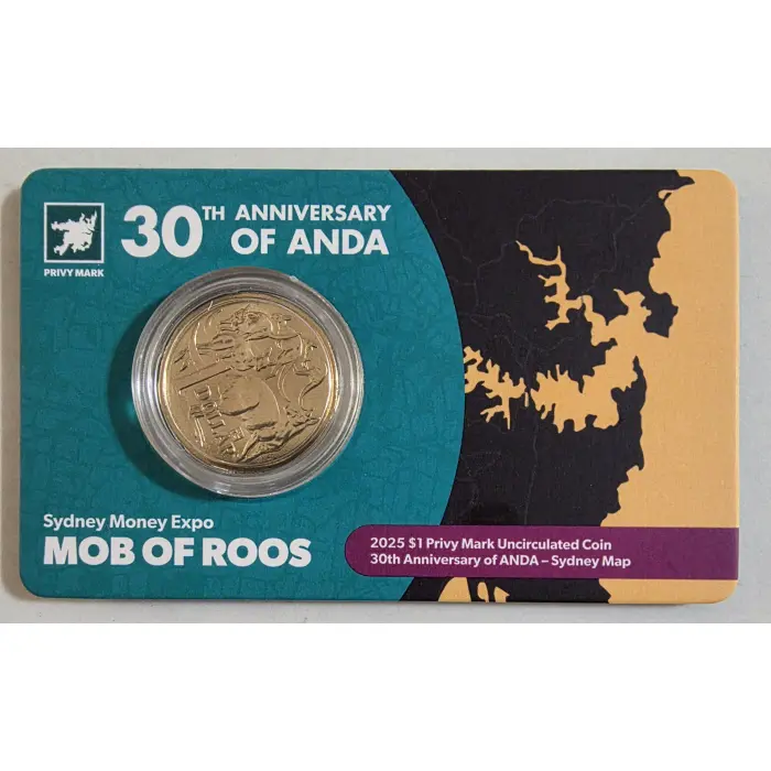 2025 $1 Mob of Roos  ANDA Sydney Money Expo 30th Anniversary Sydney Map Privy
