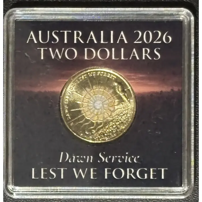 2026  Dawn Service Lest We Forget  uncirculated $2 Coin in protective sleeve.