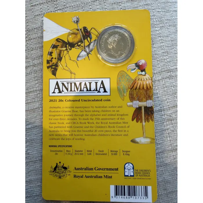 2021 20c '35th Anniversary of Animalia' Carded Coloured  Uncirculated Coin