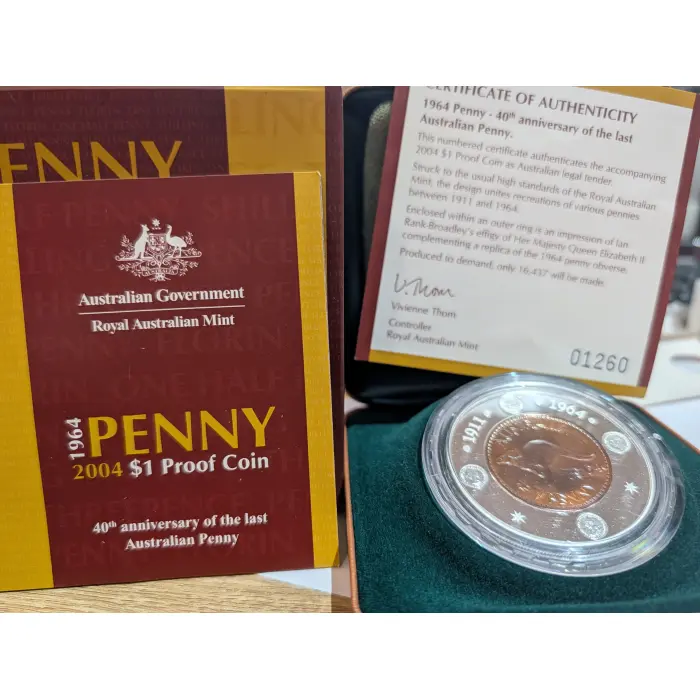 2004 1 Dollar Silver Proof Coin 40th Anniversary of Last Australian Penny 1964