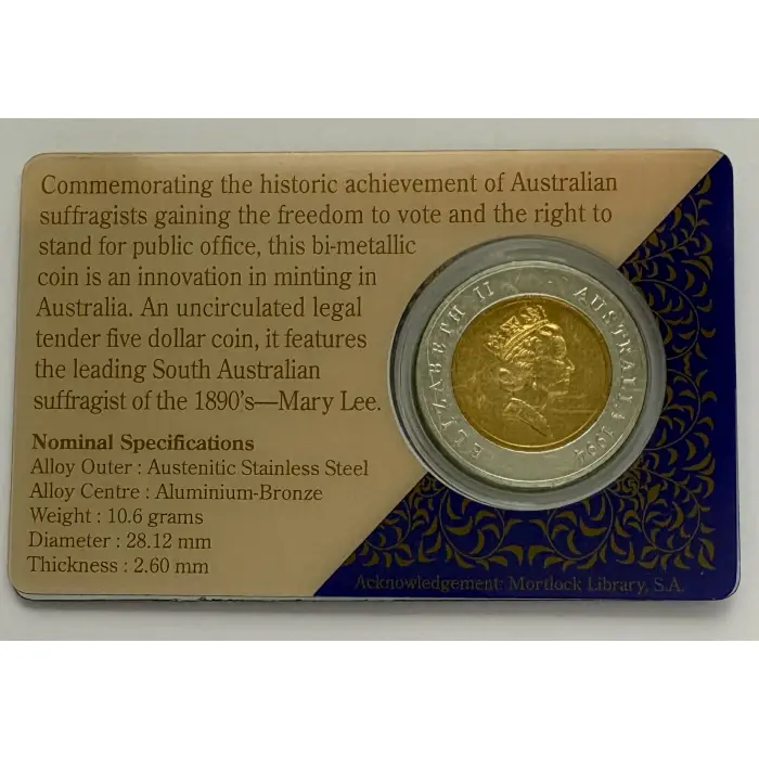 RAM $5 1994 The Enfranchisement of Women in SA 100 Years UNC Coin in Card