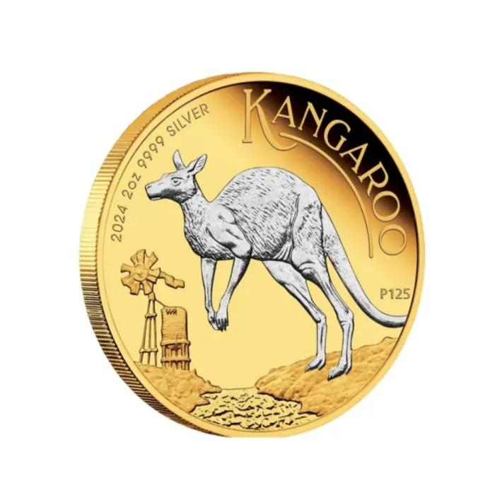 2024  $2  P125  2oz AUSTRALIAN KANGAROO SILVER PROOF REVERSE GILDED COIN