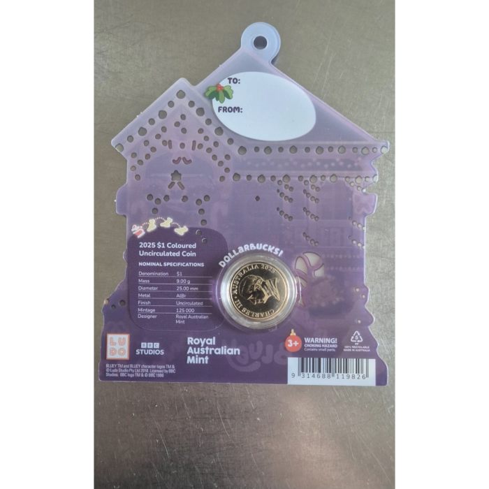 Bluey Christmas 2025 Dollar Buck $1 One Coloured Bingo Dog Coin Australia Blue