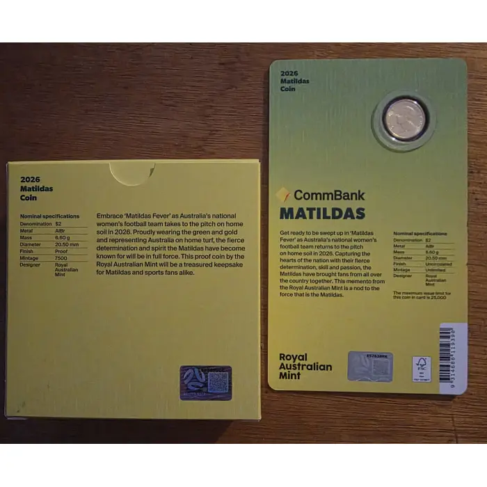 2026 $2 Matildas Coloured Coin Set – Proof & Uncirculated Bundle (RAM)