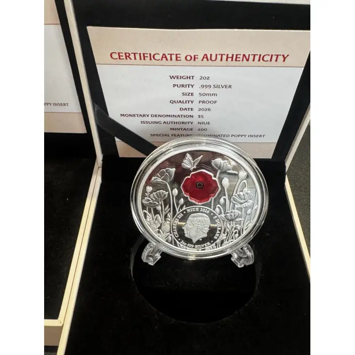 2026 $5 RED POPPY WINDOW 2OZ SILVER PROOF COIN - TINY MINTAGE 307/400