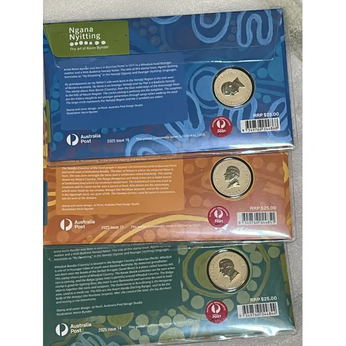 3 indigenous Ngana Nyitting PNCs of Colour $1 coins