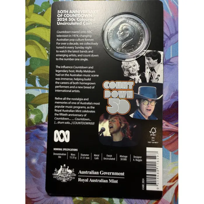 2024 50th Anniversary of Countdown 50c Coloured Uncirculated Coin Card