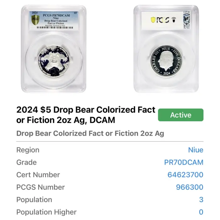 2024 $5 Drop Bear 2oz coin Graded PR70DCAM fact or fiction -only 3 in this grade