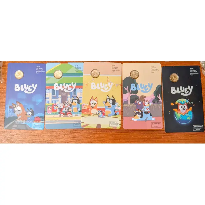 2026 $2 BLUEY CARDED COIN SET WITH PRIVY MARK - 5 CARDED COIN SET