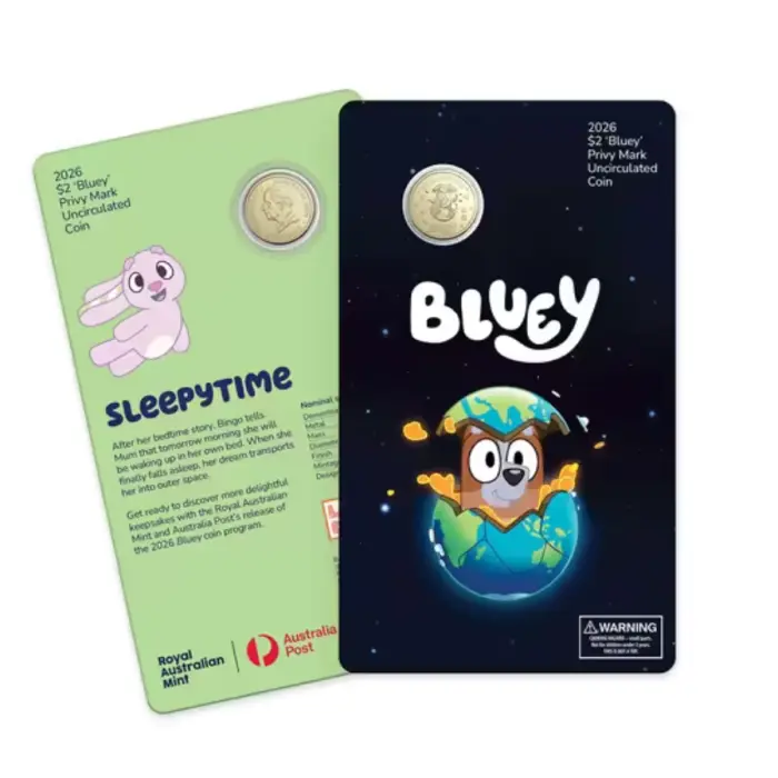 2026 $2 BLUEY CARDED COIN SET WITH PRIVY MARK - 5 CARDED COIN SET