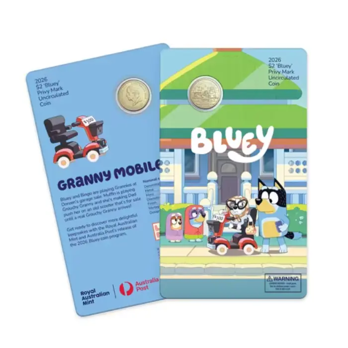 2026 $2 BLUEY CARDED COIN SET WITH PRIVY MARK - 5 CARDED COIN SET